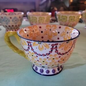 Anthropologie 12 Oz. Floral Patterned Teacup with Yellow Handle